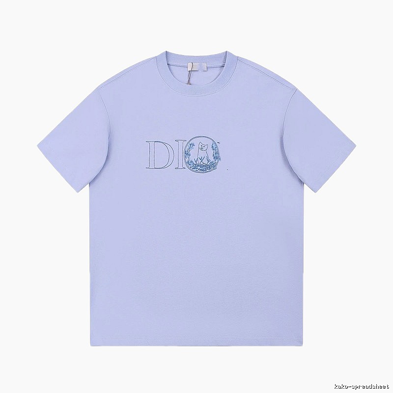 Dior Cat-Embroidered Casual Light Purple Short-sleeve T-Shirt