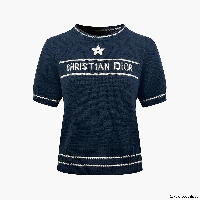 Dior Short Sleeve Knit Sweater with Cream Trim and Star Detail
