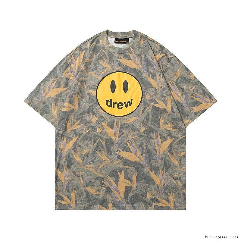 DREW Smiley All-over Print Street Style Grey and Yellow Short Sleeve T-Shirt