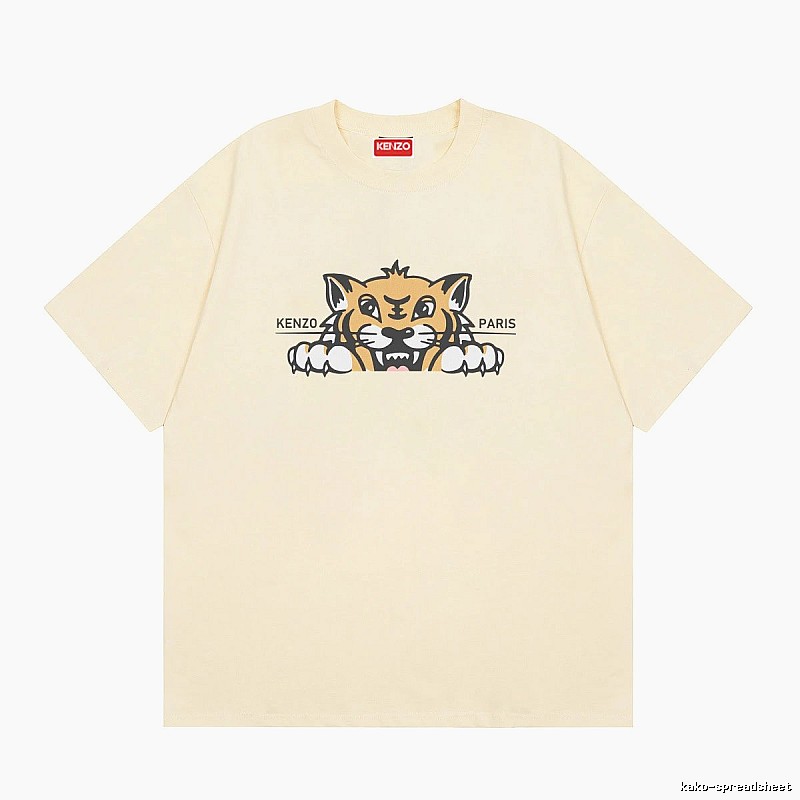 KENZO Tiger Head Print Streetwear Style Beige Short Sleeve T-Shirt