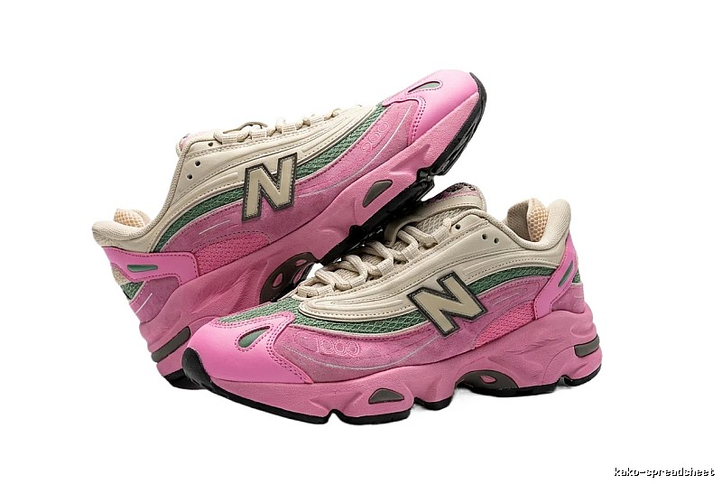 New Balance retro-style pink and green athletic shoes.