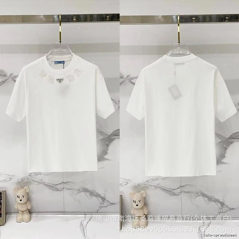 Prada Embroidered Minimalist Style White Short-sleeved T-shirt