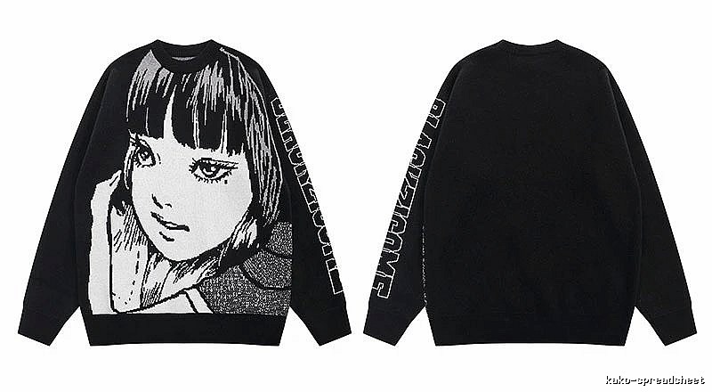 Relaxed Anime graphic sweater Black Knit Top with Versatile Design