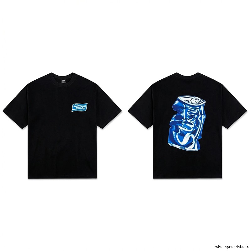 Stussy's black T-shirt with a can-style design