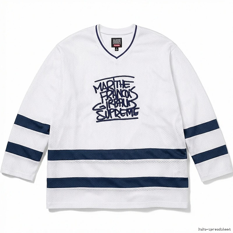Supreme graffiti-style white and blue jersey